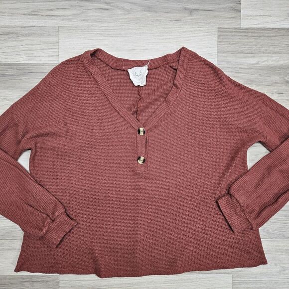 FANTASTIC FAWN Womens Rust Orange Waffle Knit  Henley Oversized Sweater Medium - Picture 1 of 7